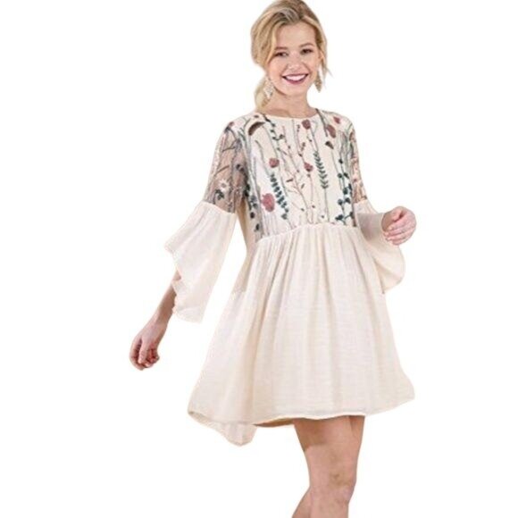 Umgee Natural Color Embroidered Dress - Picture 2 of 9